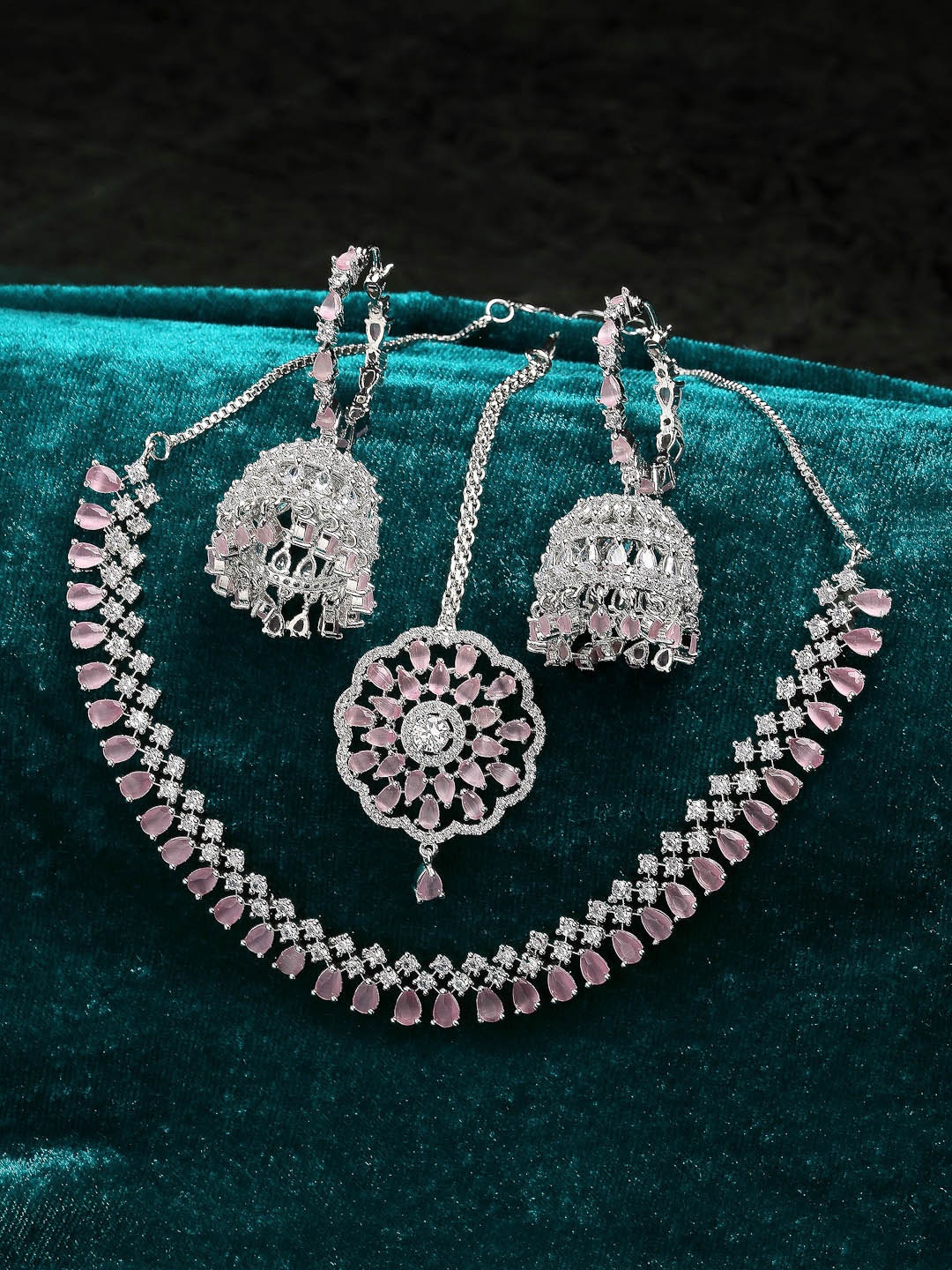 

ZENEME Silver-Toned & Pink AD-Studded Jewellery Set