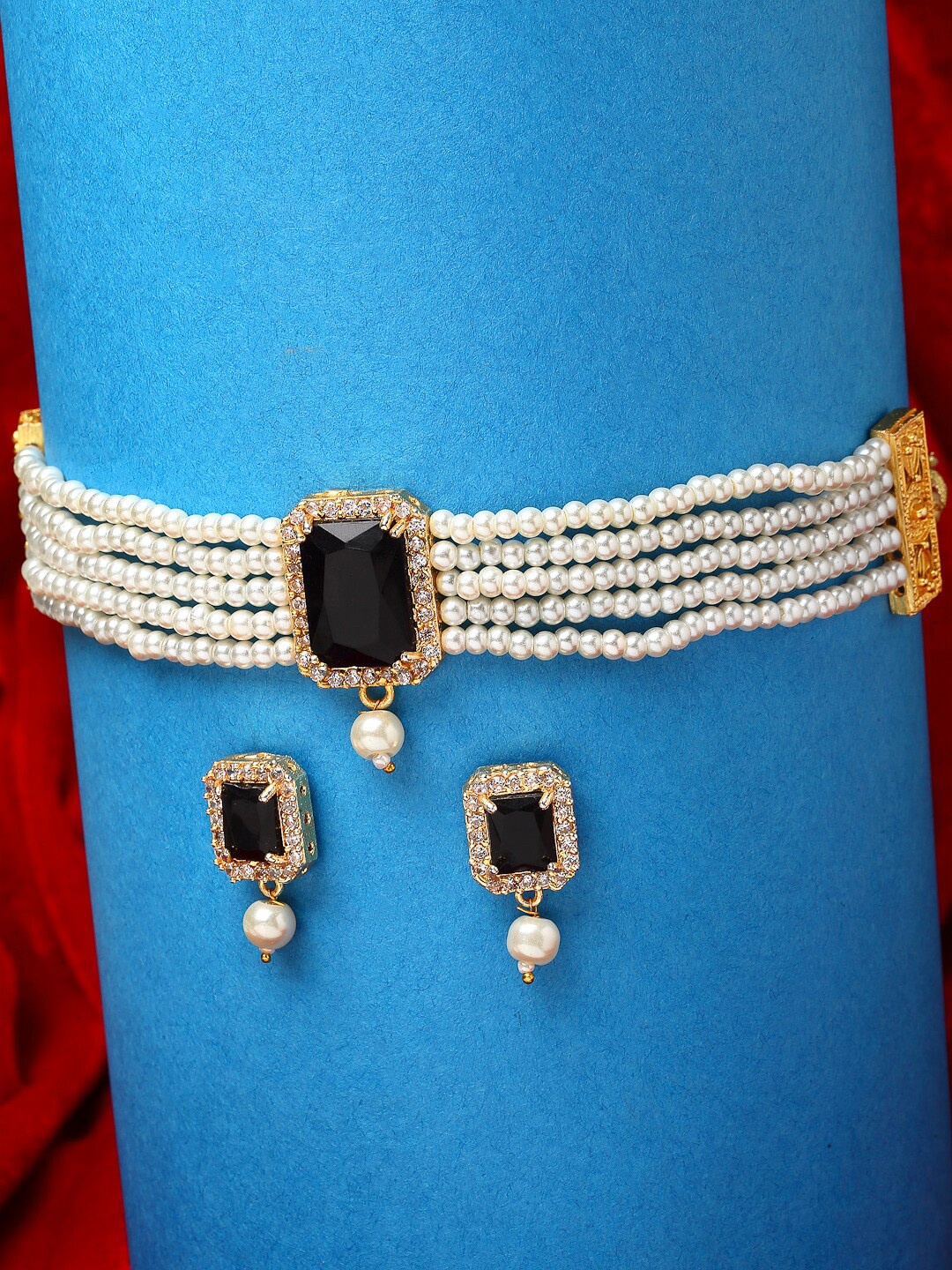 

ZENEME White & Black Gold-Plated American Diamond Studded Choker Jewellery Set