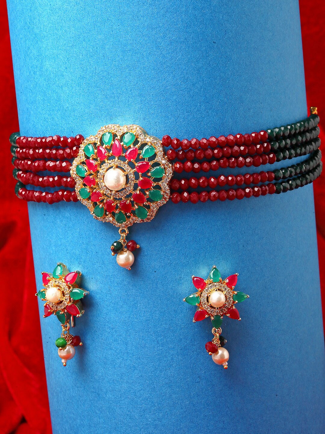 

ZENEME Gold-Plated Red & Green AD Stone Studded & Beaded Jewellery Set