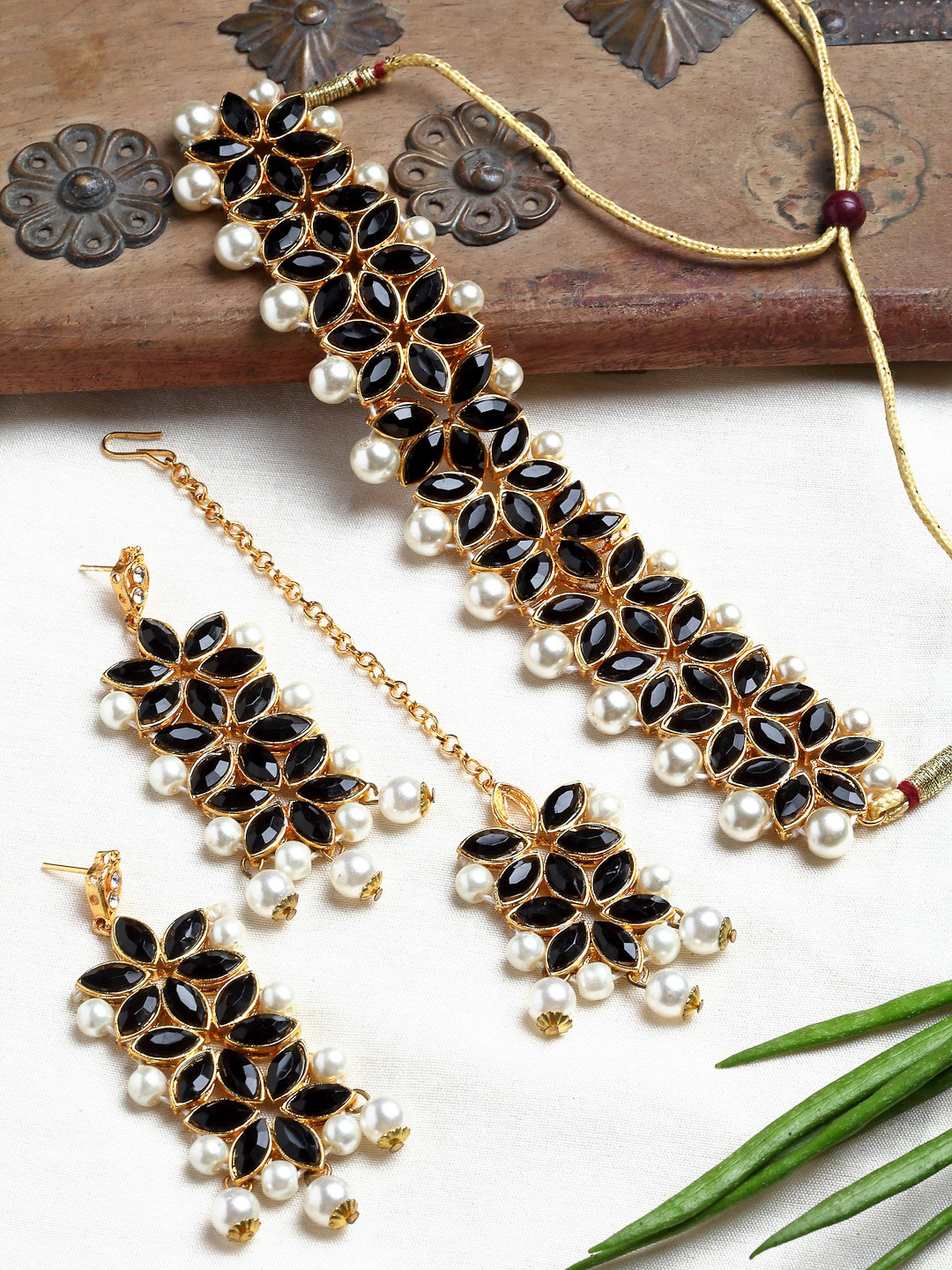 

ZENEME Gold-Plated Black & White Stone Studded & Beaded Jewellery Set