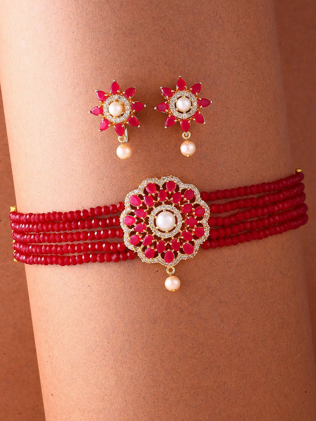 

ZENEME Gold-Toned Red & White AD-Studded & Beaded Choker Jewellery Set