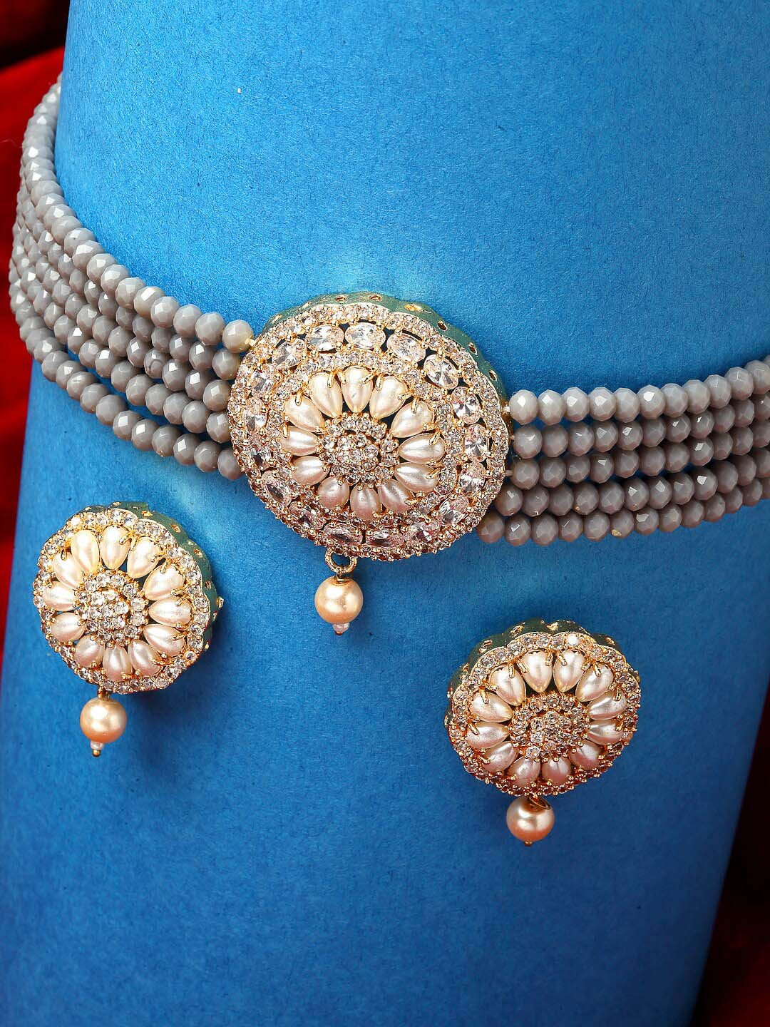 

ZENEME Gold-Plated Grey & White Pearl Studded & Beaded Jewellery Set