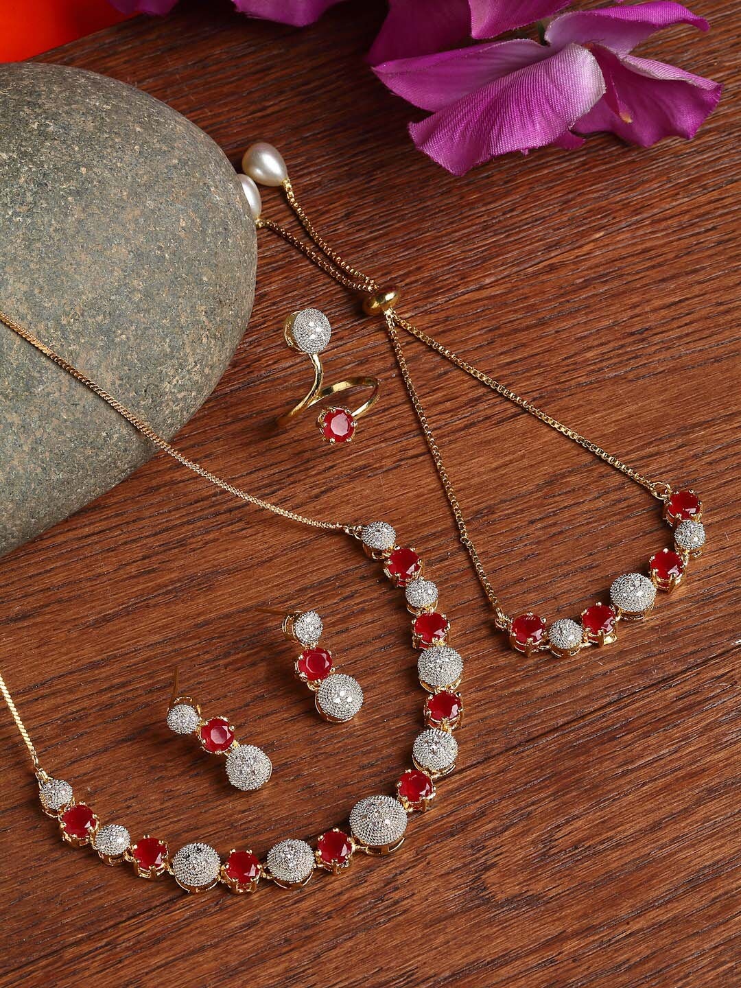 

ZENEME Gold-Plated Red & White CZ Stone-Studded Jewellery Set