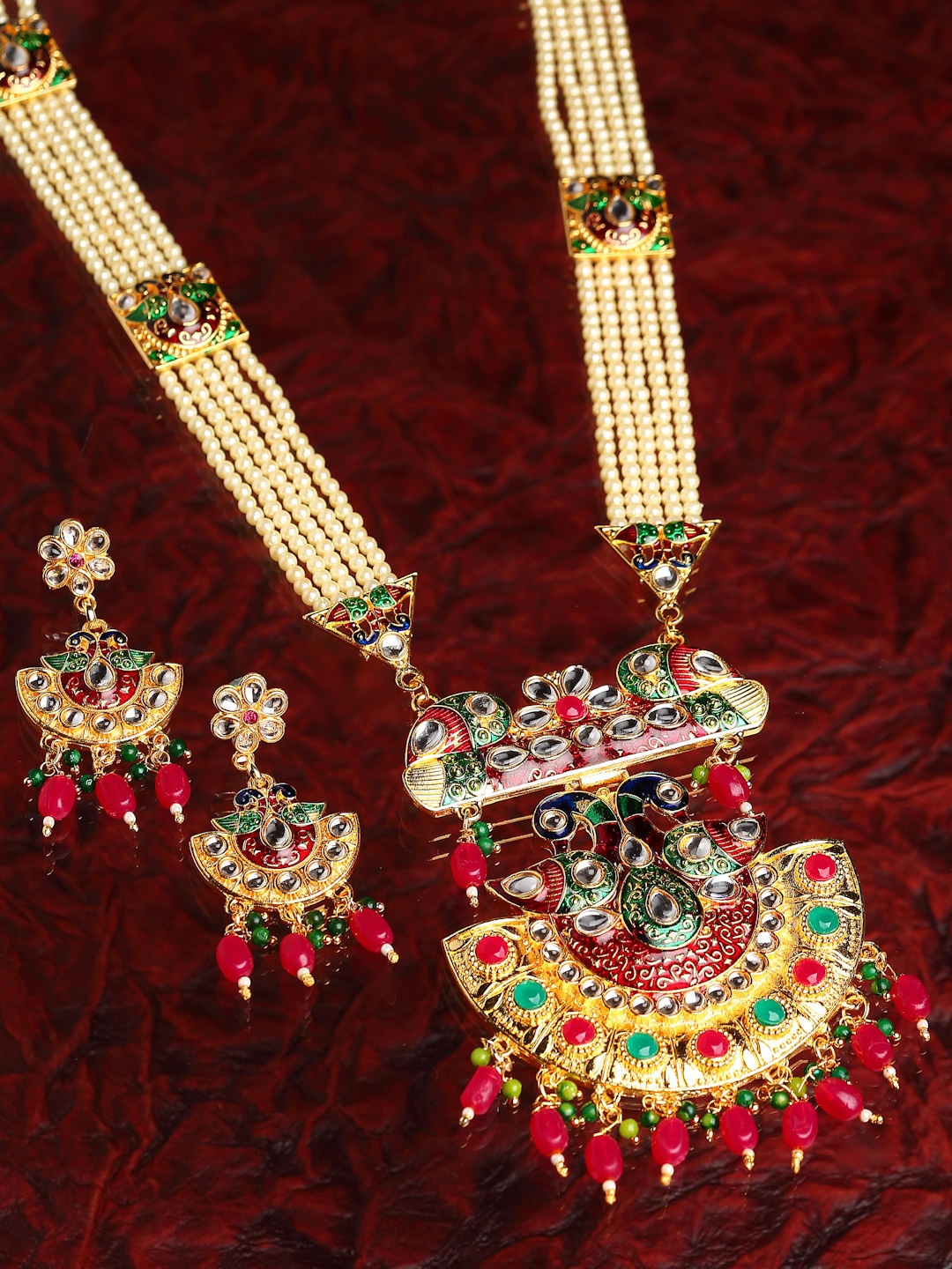 

ZENEME White & Red Gold-Plated American Beads Studded Meenakari Jewellery Set