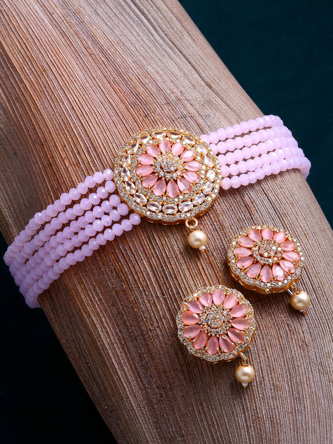 

ZENEME Gold-Plated Peach & White AD Stone Studded & Beaded Jewellery Set
