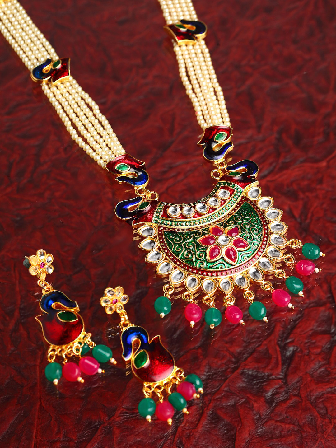 

ZENEME Woman White Pearl Meenakari Pendant With Multi Strand Long Jewellery Set