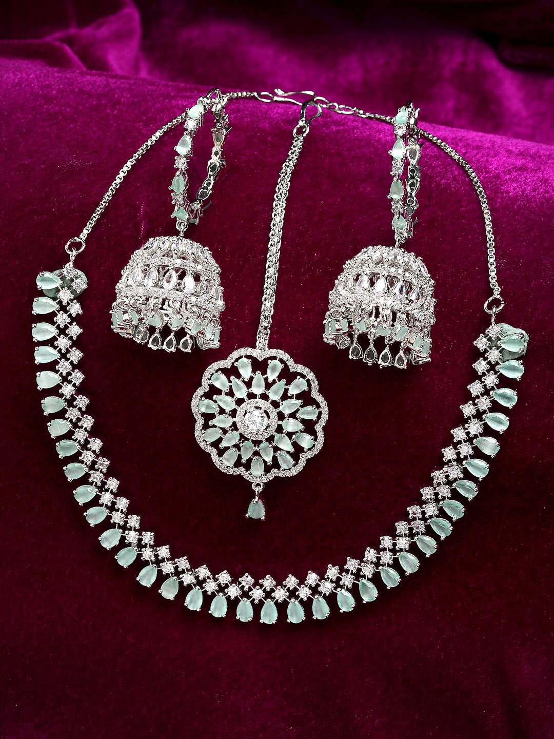 

ZENEME Lime Green & Silver-toned Green AD Stone-studded Jewellery Set with Maang Tikka