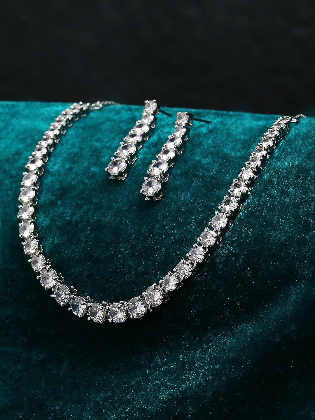 

ZENEME Silve-Plated White AD Stone Studded Jewellery Set, Silver