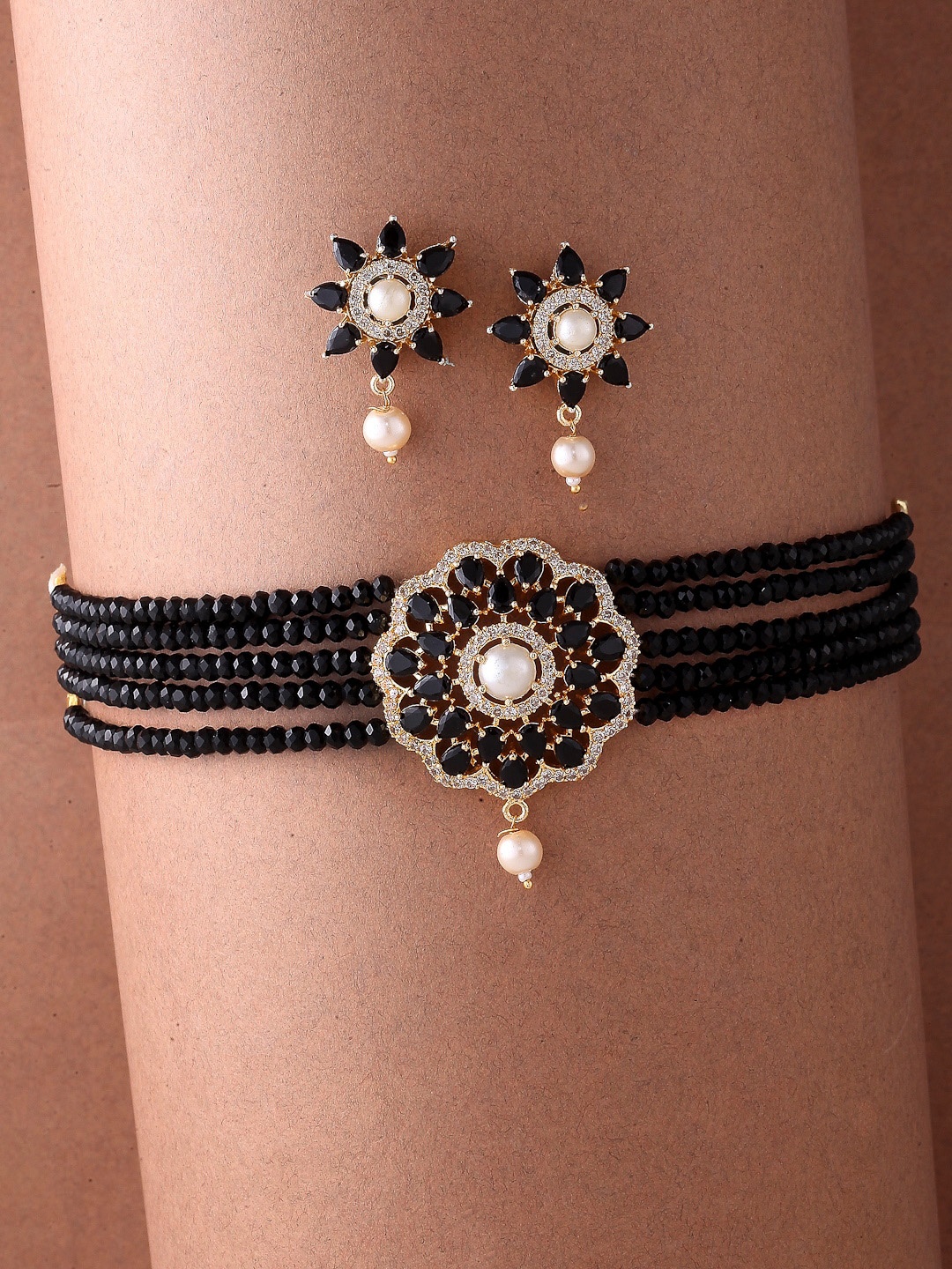 

ZENEME Gold-Plated Black & White AD-Studded & Beaded Jewellery Set