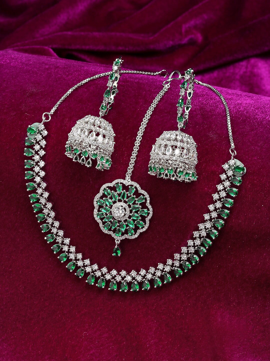 

ZENEME Green & Silver-toned Green AD Stone-studded Jewellery Set wit Maang tikka