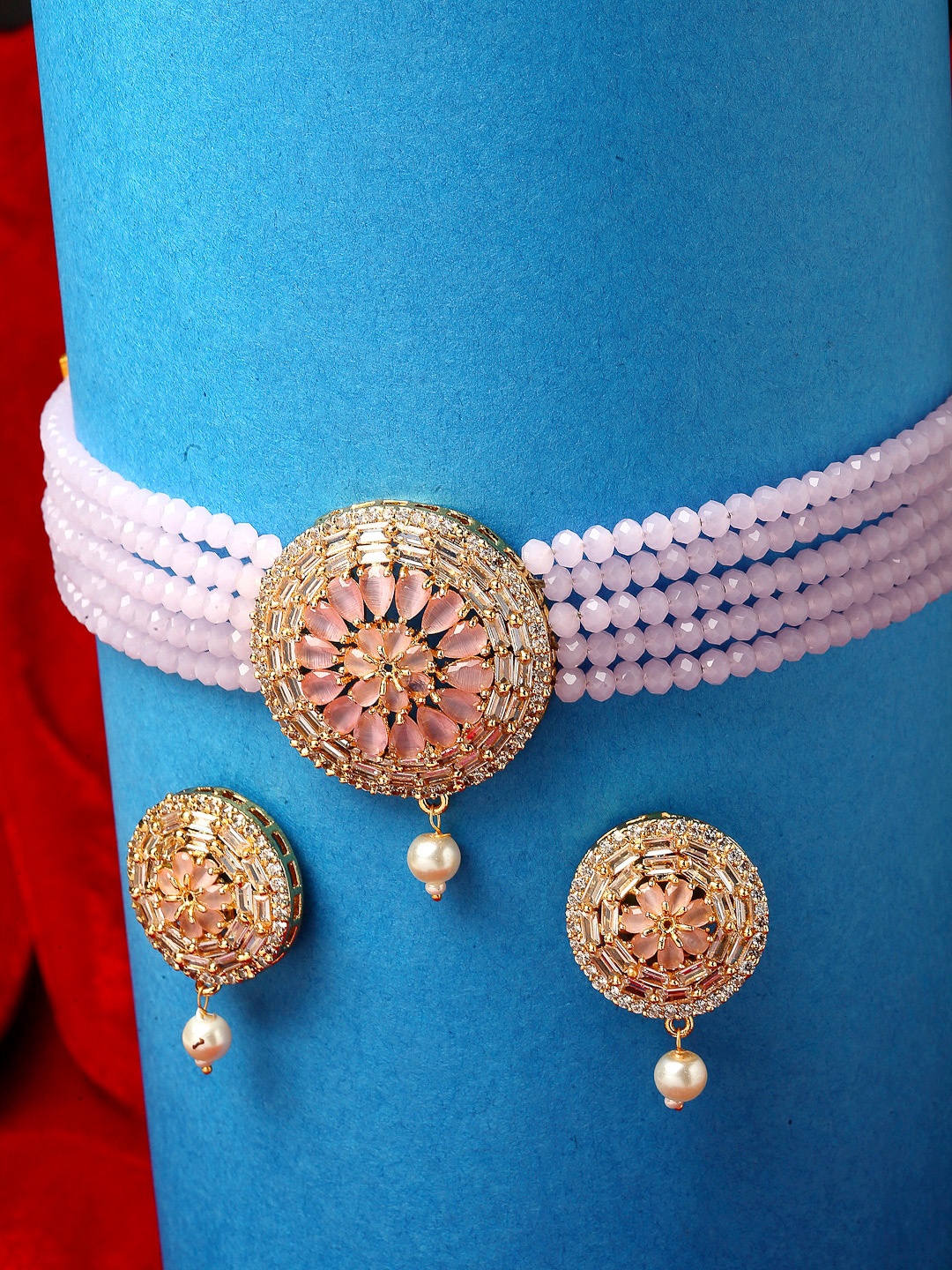 

ZENEME Gold-Plated Peach-Toned & Pink AD-Studded & Beaded Jewellery Set