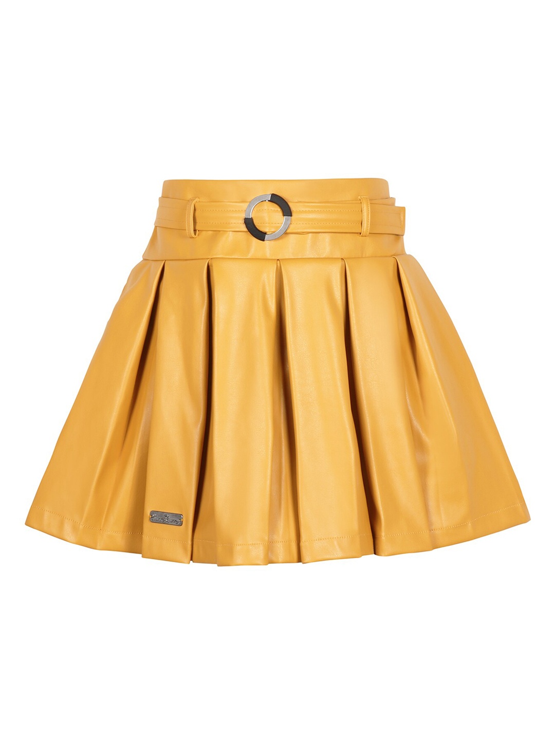 

Hunny Bunny Girls Mustard Yellow Solid Leather Box Pleat A-Line Mini Skirt