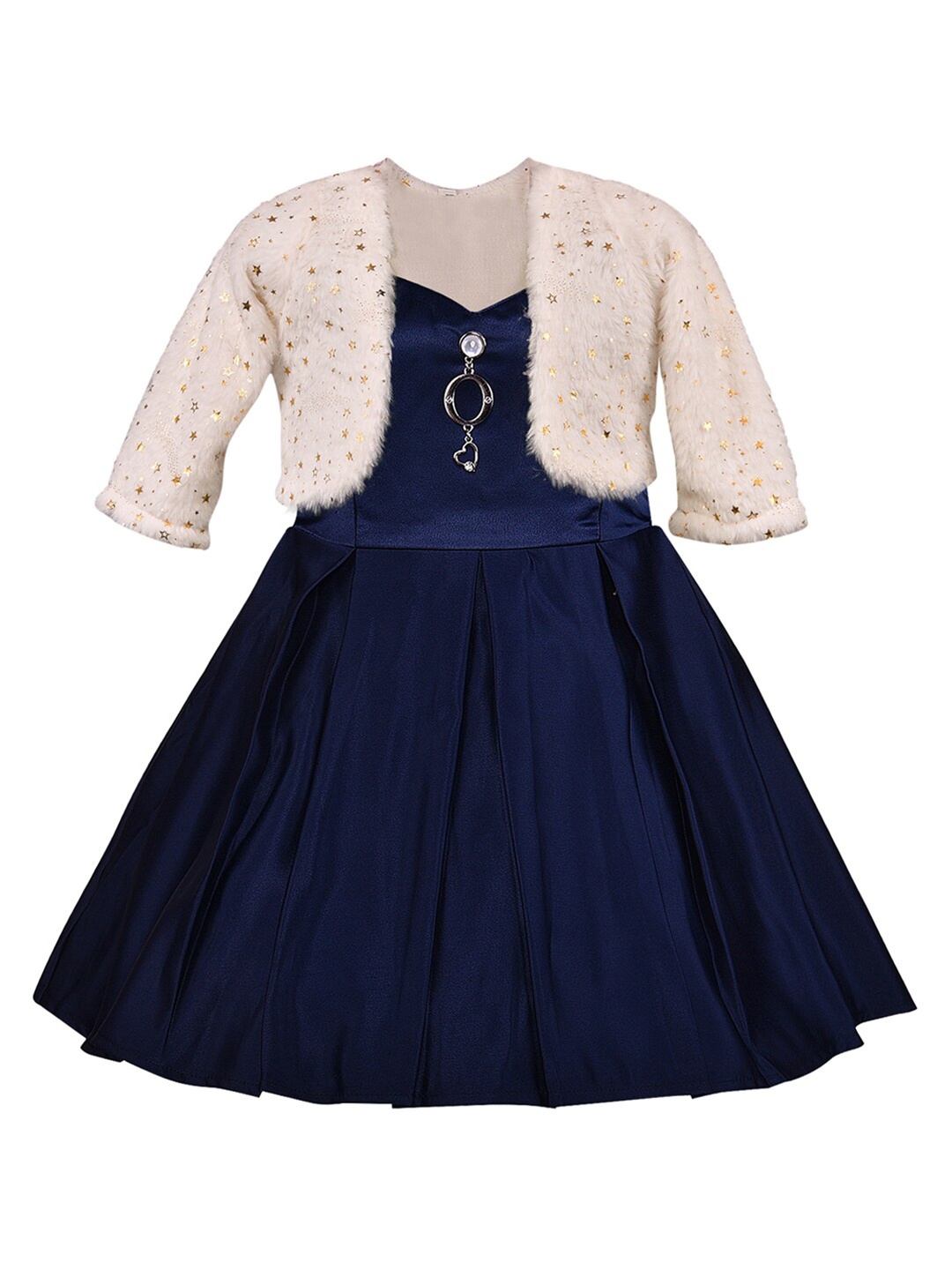 

Wish Karo Navy Blue Embellished Satin Dress with Jacket