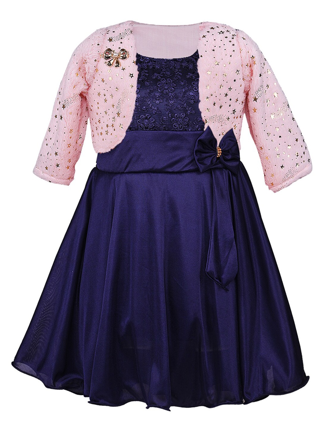 

Wish Karo Navy Blue Lace Satin Dress with Pink Embellished Bolero