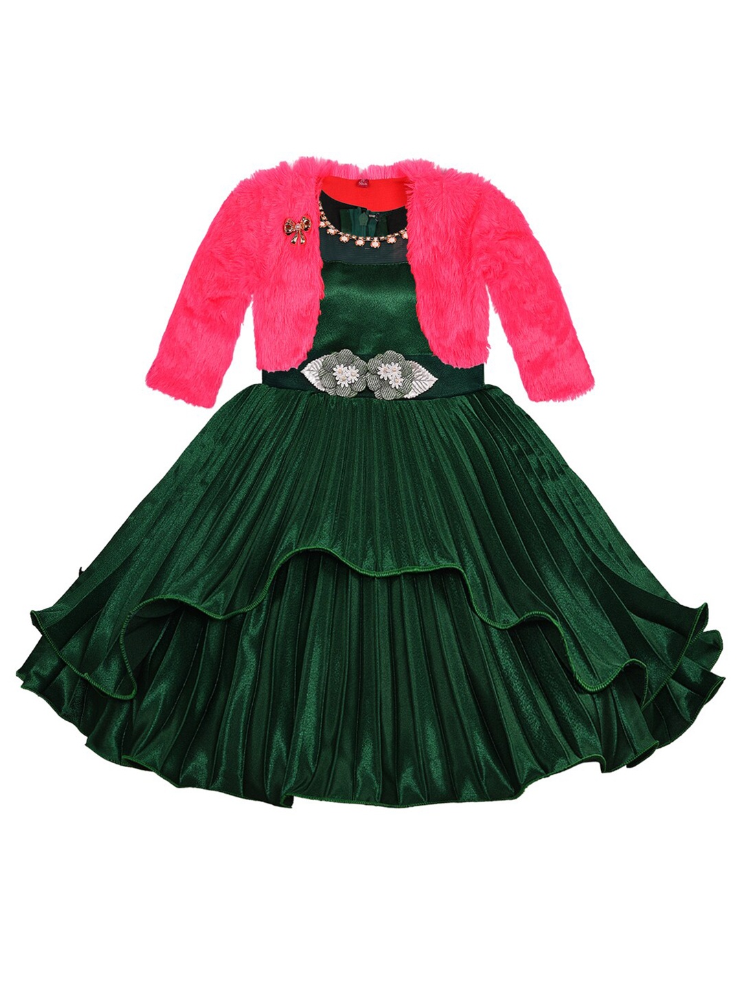 

Wish Karo Girls Green & Pink Satin Dress with Jacket