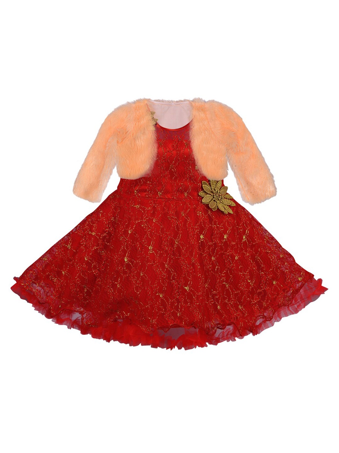 

Wish Karo Red Floral Lace Dress with Peach-Coloured Faux Fur Bolero