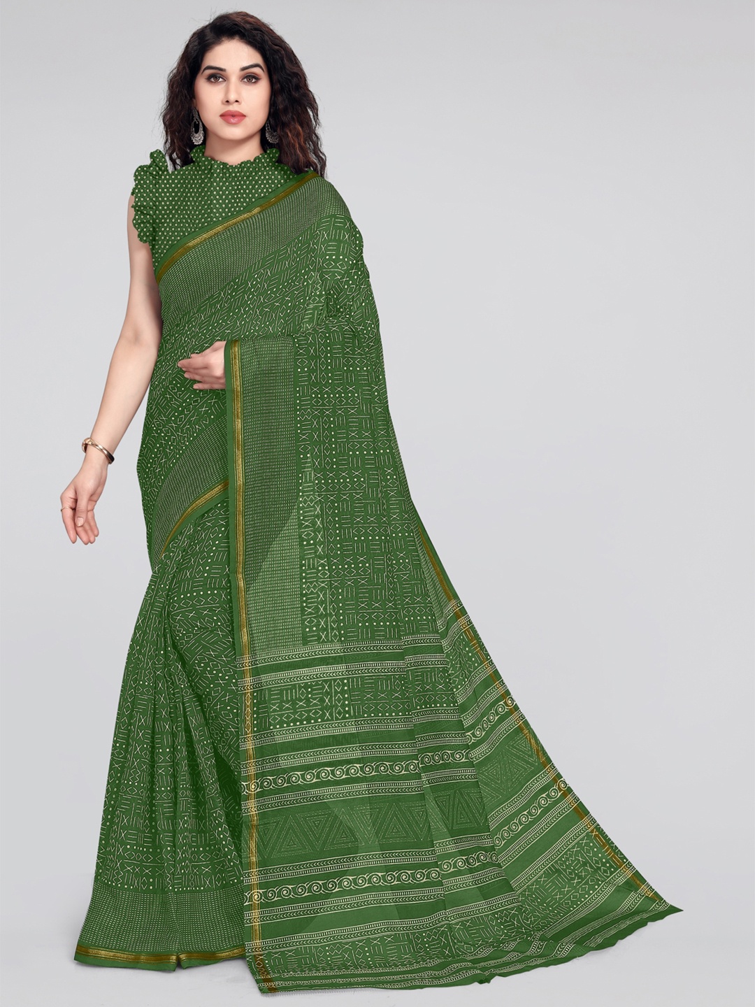 

KALINI Green & White Zari Geometric Printed Saree