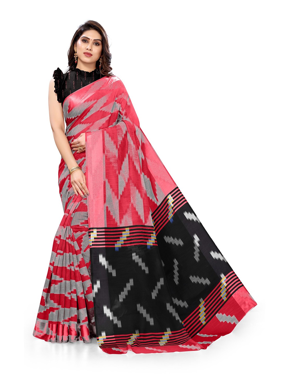 

KALINI Pink & Black Block Print Saree