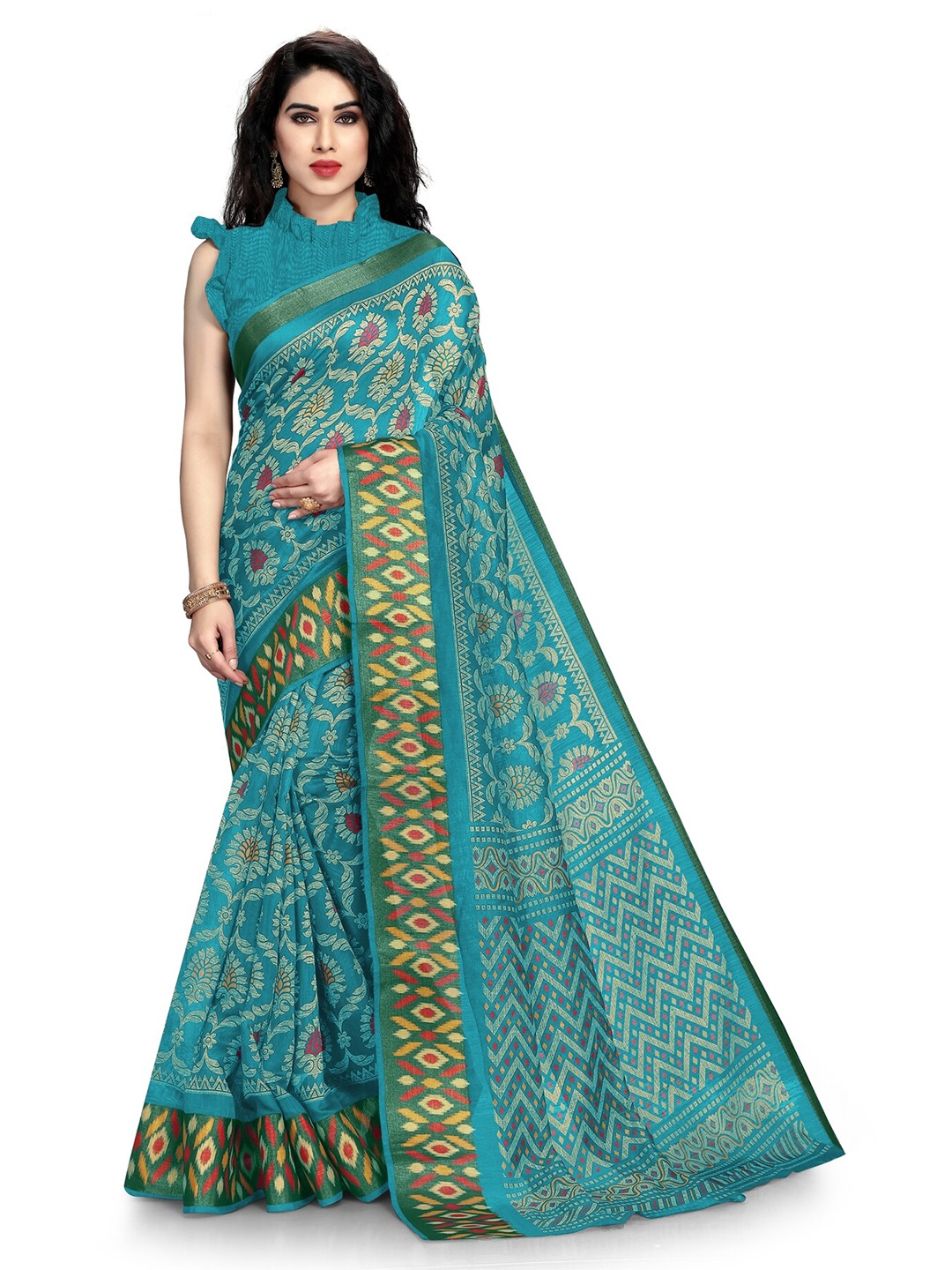 

KALINI Turquoise Blue & Beige Ethnic Motifs Block Print Saree