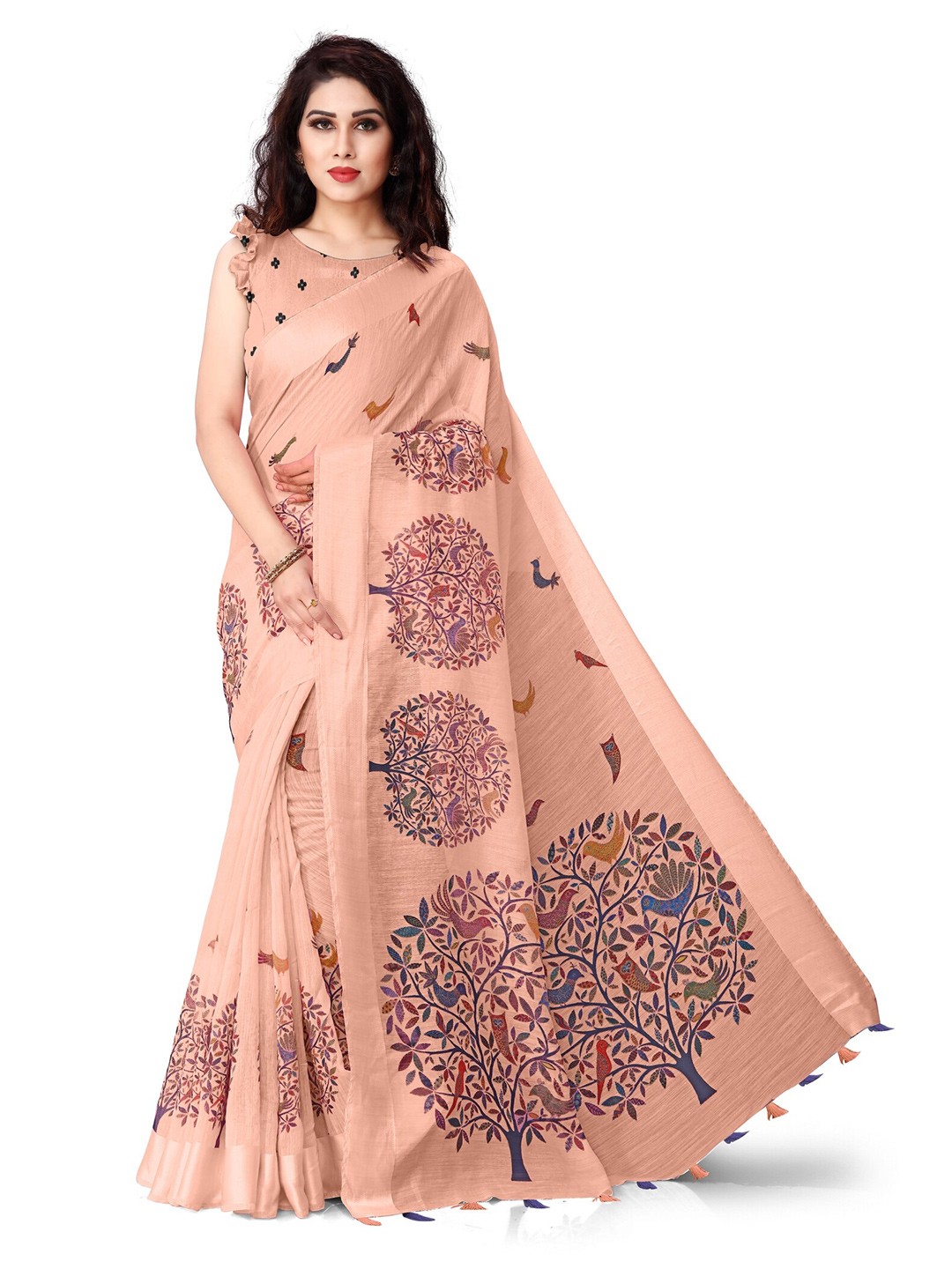 

KALINI Peach-Coloured & Red Floral Block Print Saree