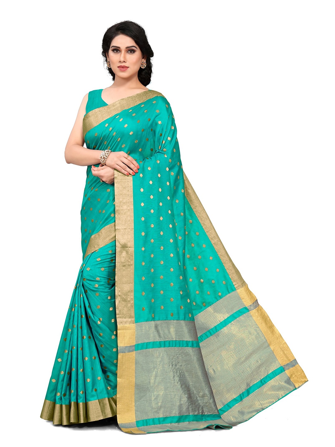 

KALINI Teal & Gold-Toned Woven Design Zari Silk Blend Saree