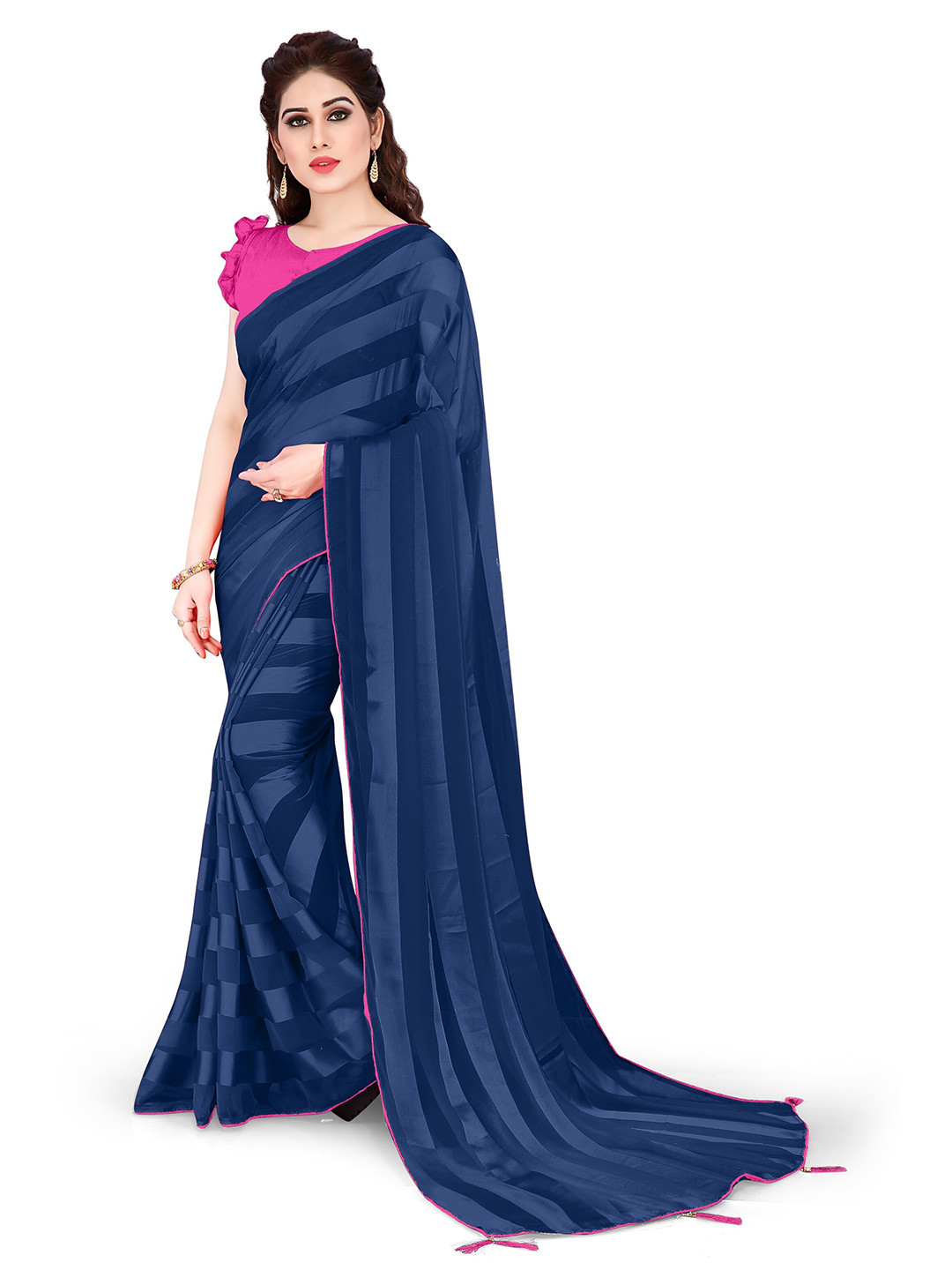 

KALINI Navy Blue & Blue Striped Saree