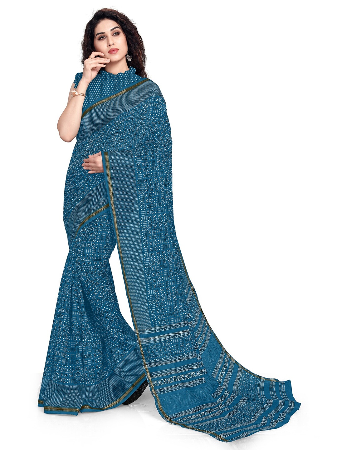 

KALINI Blue & White Printed Zari Saree