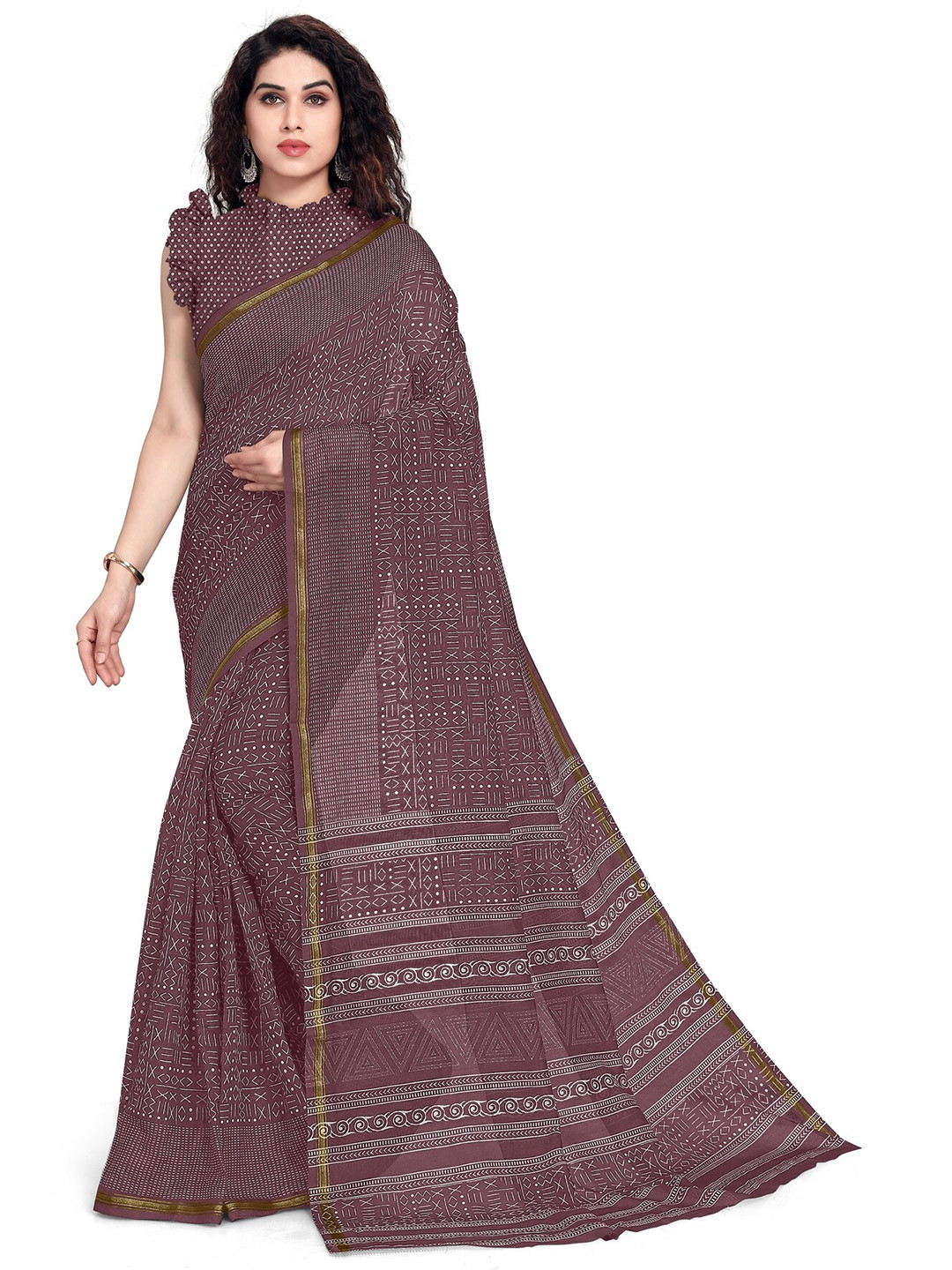 

KALINI Purple & White Zari Geometric Printed Saree