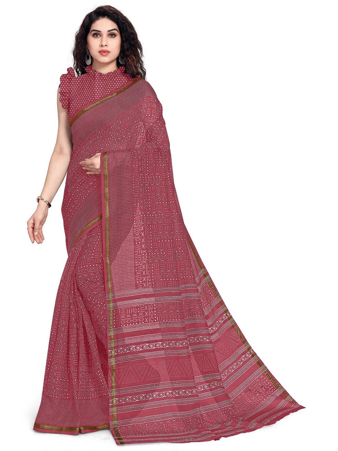 

KALINI Pink & White Zari Geometric Printed Saree