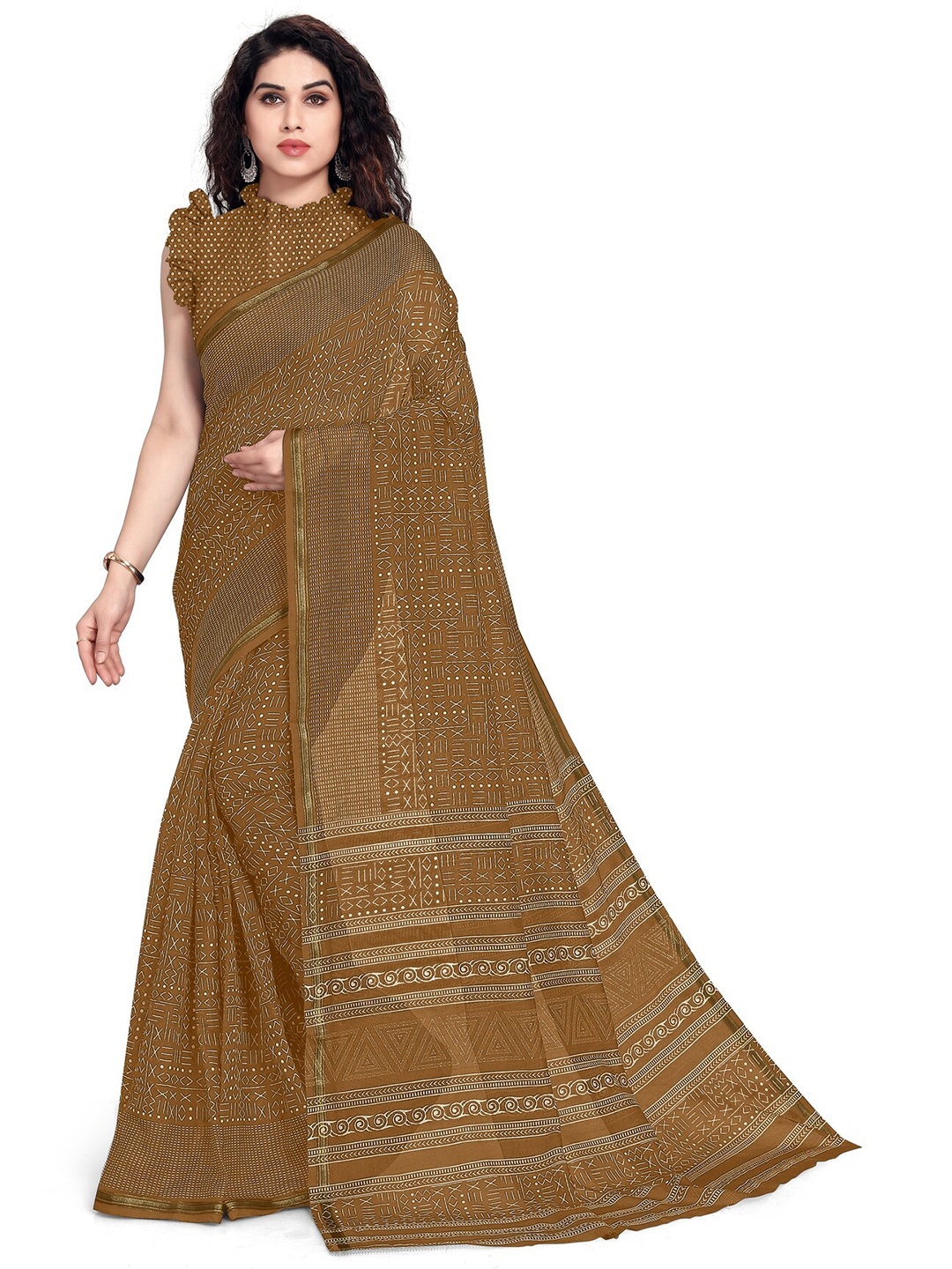 

KALINI Brown & White Printed Zari Border Saree