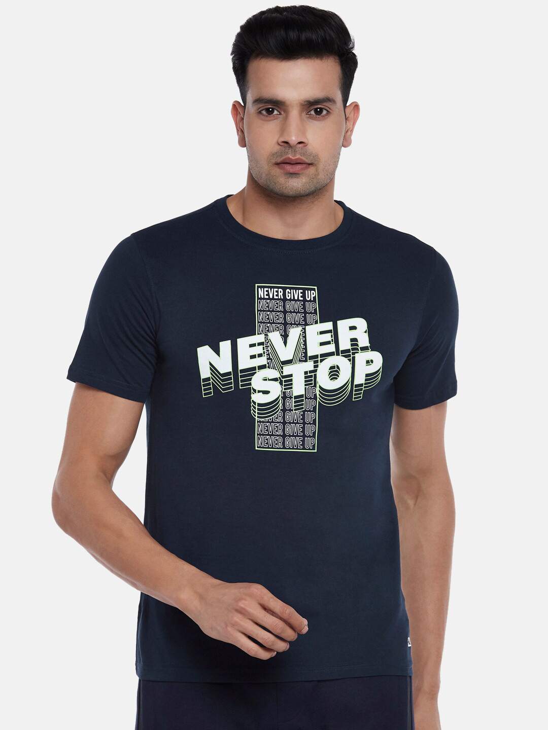 

Ajile by Pantaloons Men Navy Blue Printed Slim Fit Pure Cotton T-shirt