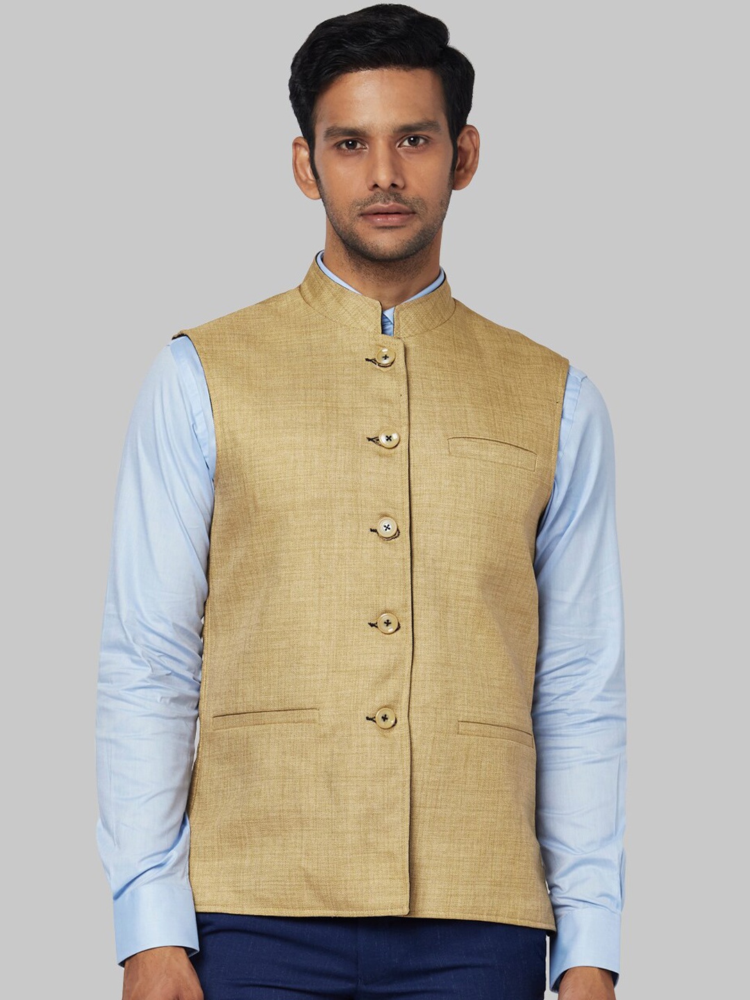 

Park Avenue Men Gold Beige Solid Woven Nehru Jacket