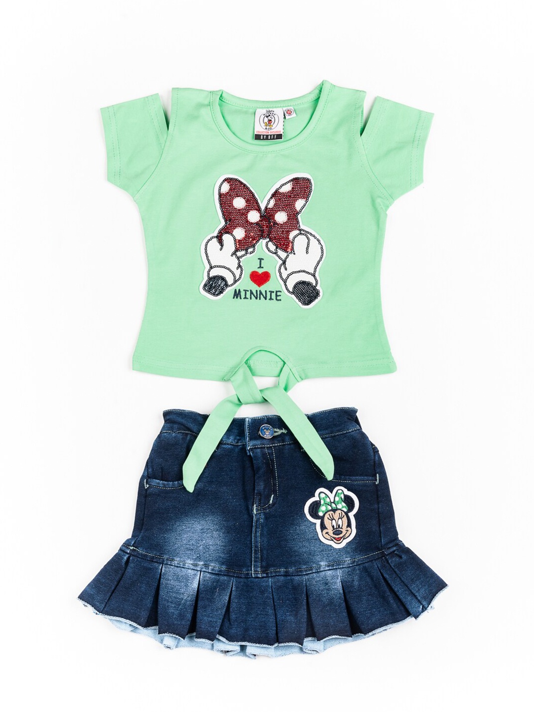 

BFF Girls Green & Blue Mickey Mouse Printed Pure Cotton Top with Skirt