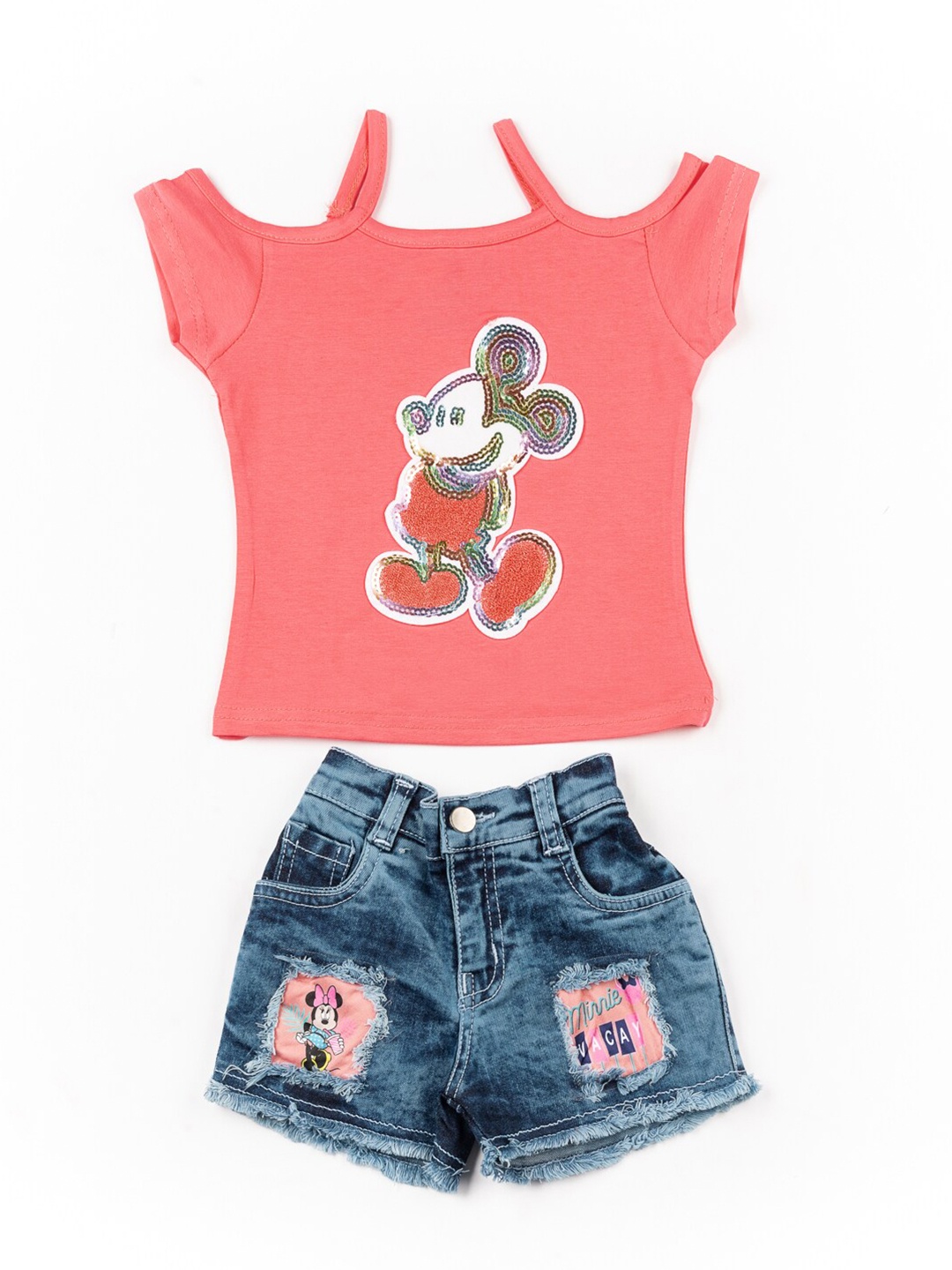 

BFF Girls Peach & Blue Embellished Off- shoulder Top and Shorts