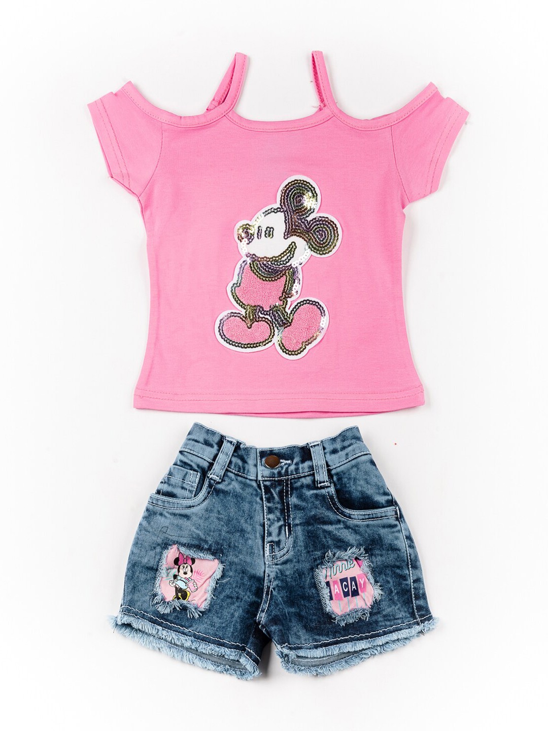 

BFF Girls Pink & Navy Blue Mickey Mouse Printed Pure Cotton Top with Shorts