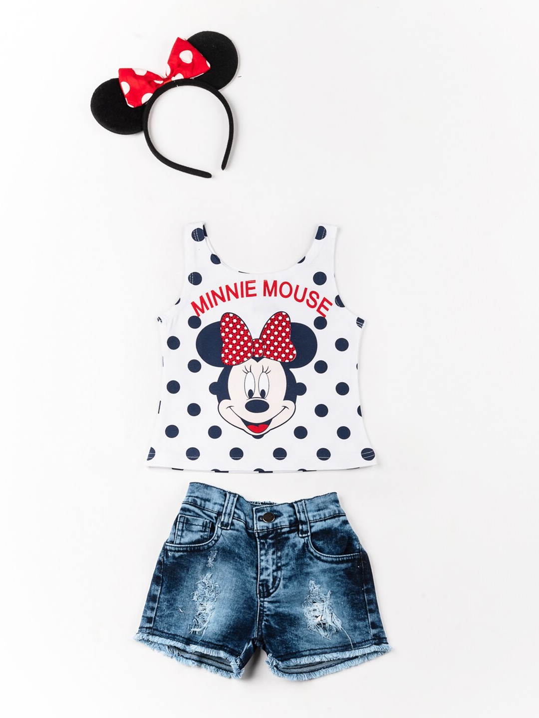 

BFF Girls White & Black Mickey Mouse Printed Pure Cotton Top with Shorts with Hairband