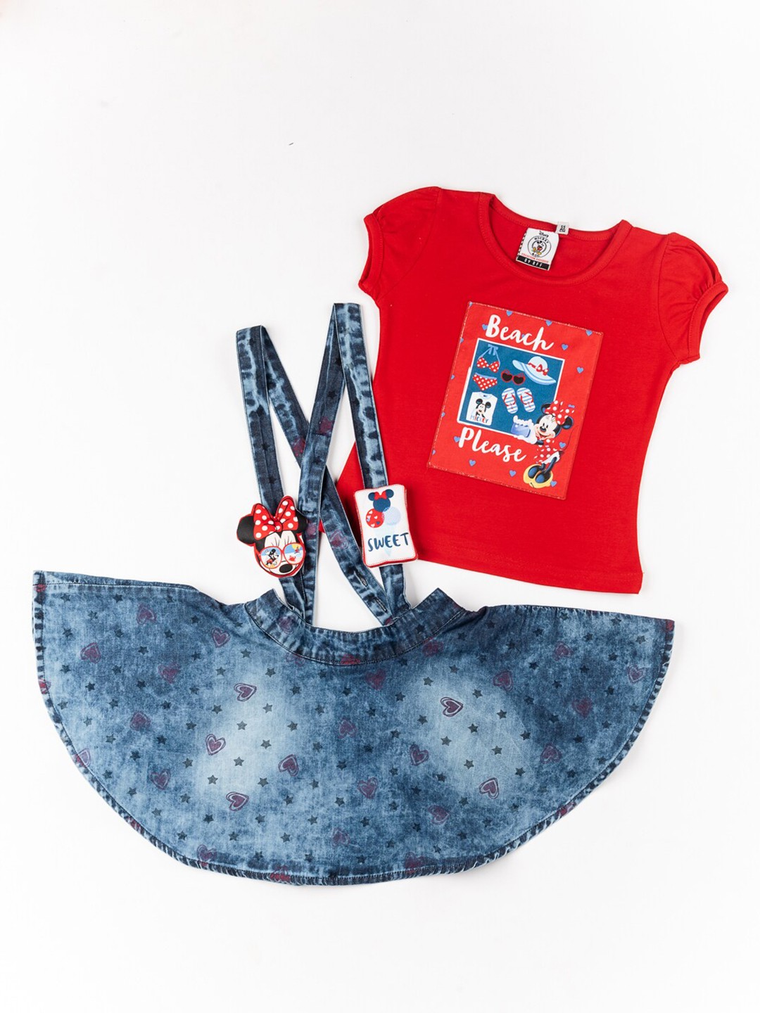 

BFF Girls Red & Blue Mickey Mouse Printed Pure Cotton Top with Skirt
