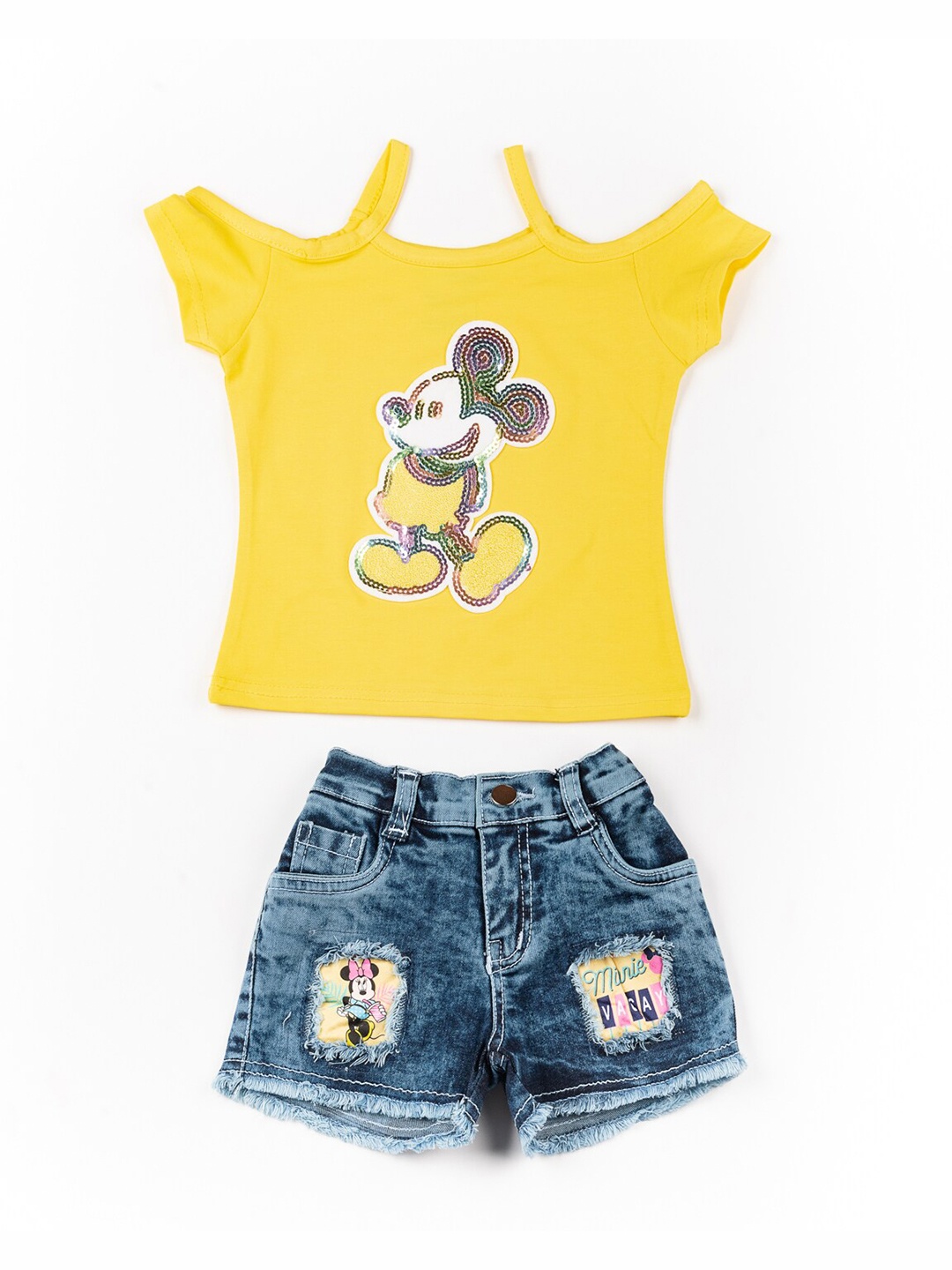 

BFF Girls Yellow & Blue Mickey Mouse Printed Pure Cotton Top with Shorts