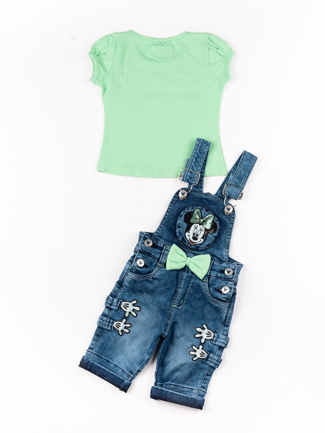 

BFF Girls Lime Green & Blue Mickey Mouse Printed Pure Cotton Top with Dungaree