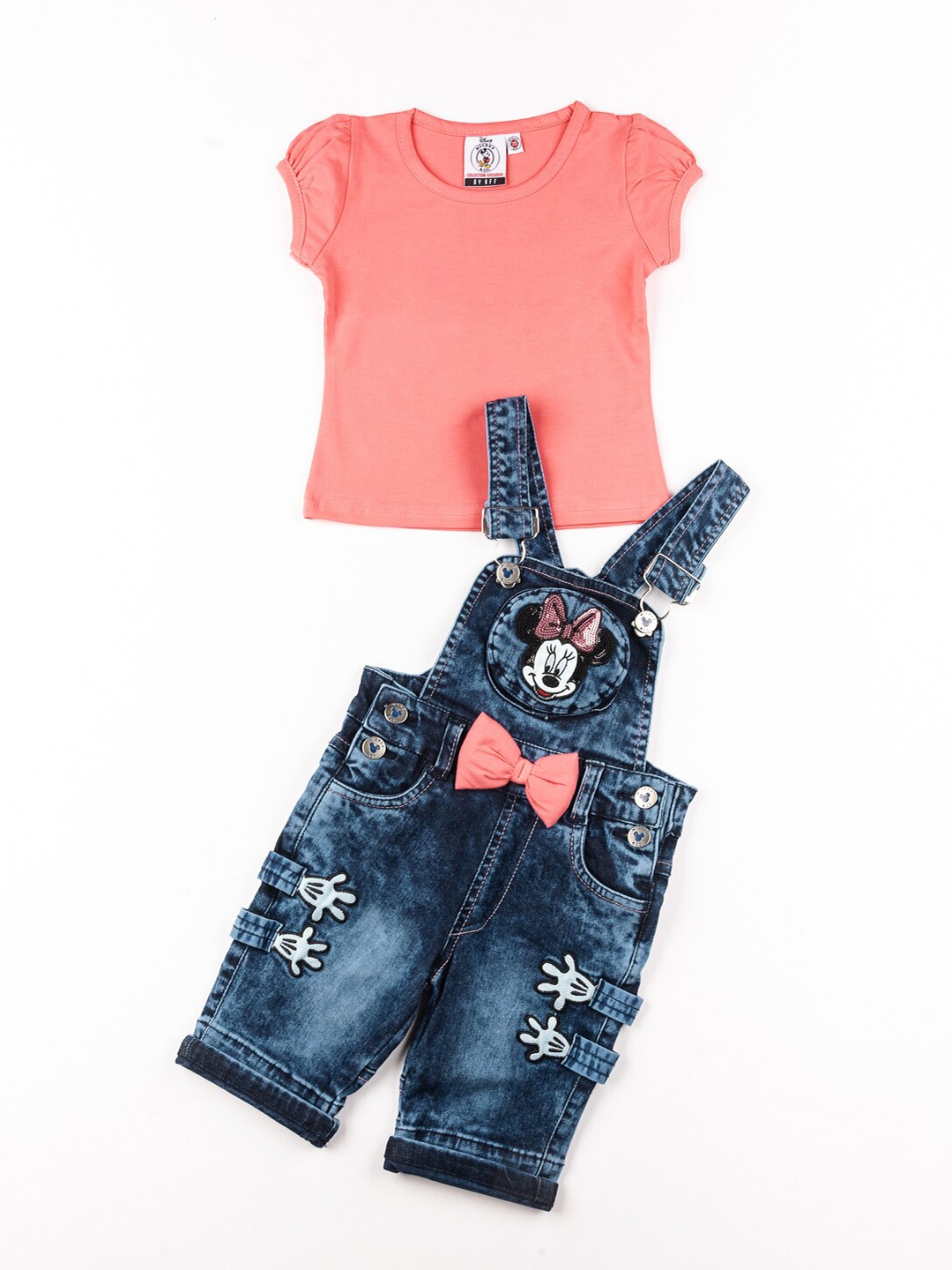 

BFF Girls Peach-Coloured & Blue Top with Mickey Mouse Printed Dungaree