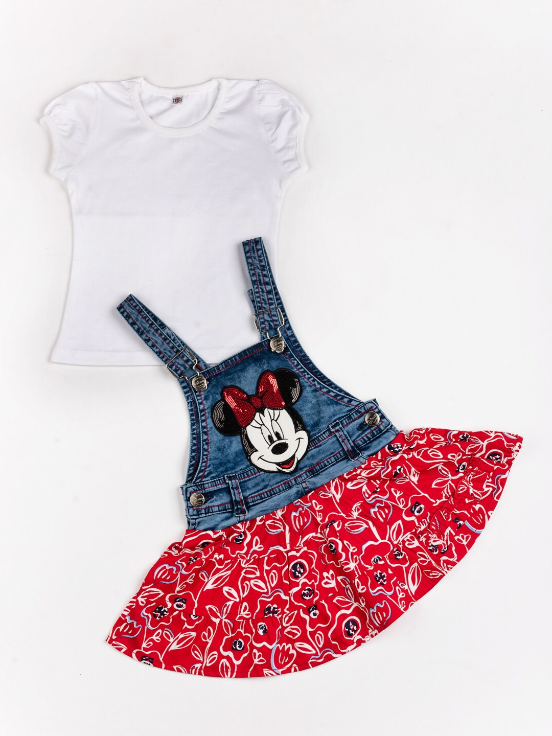 

BFF Girls White & Red Mickey Mouse Printed T-shirts And Skirt