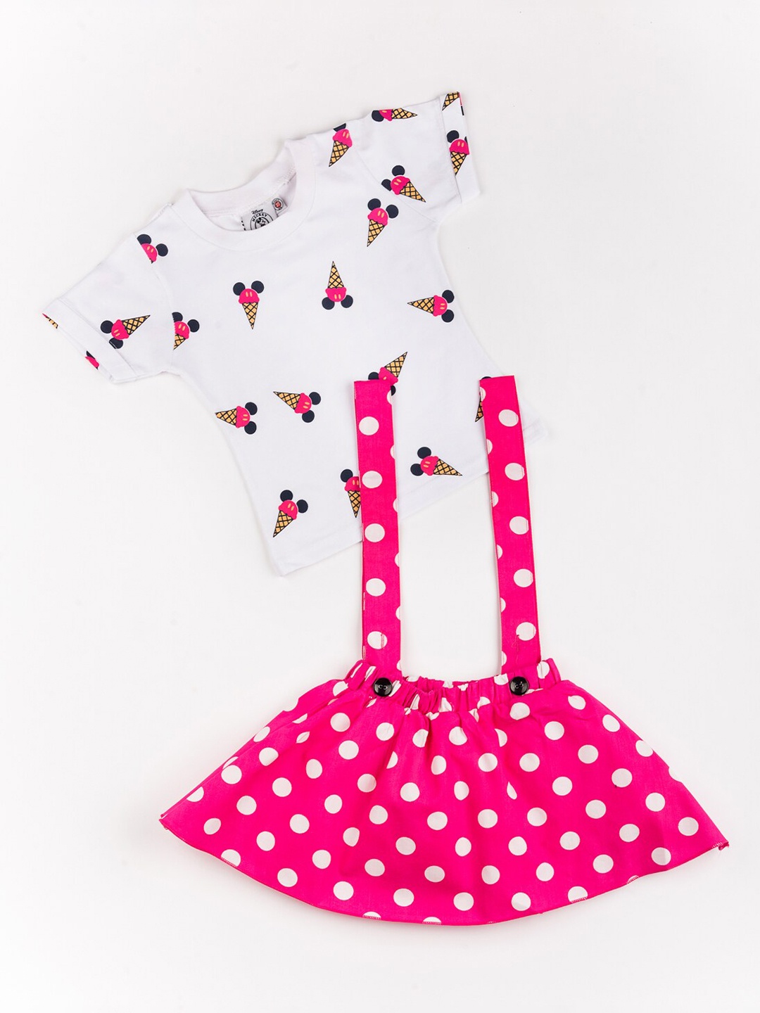 

BFF Girls White & Pink Mickey Mouse Printed T-shirts And Skirt