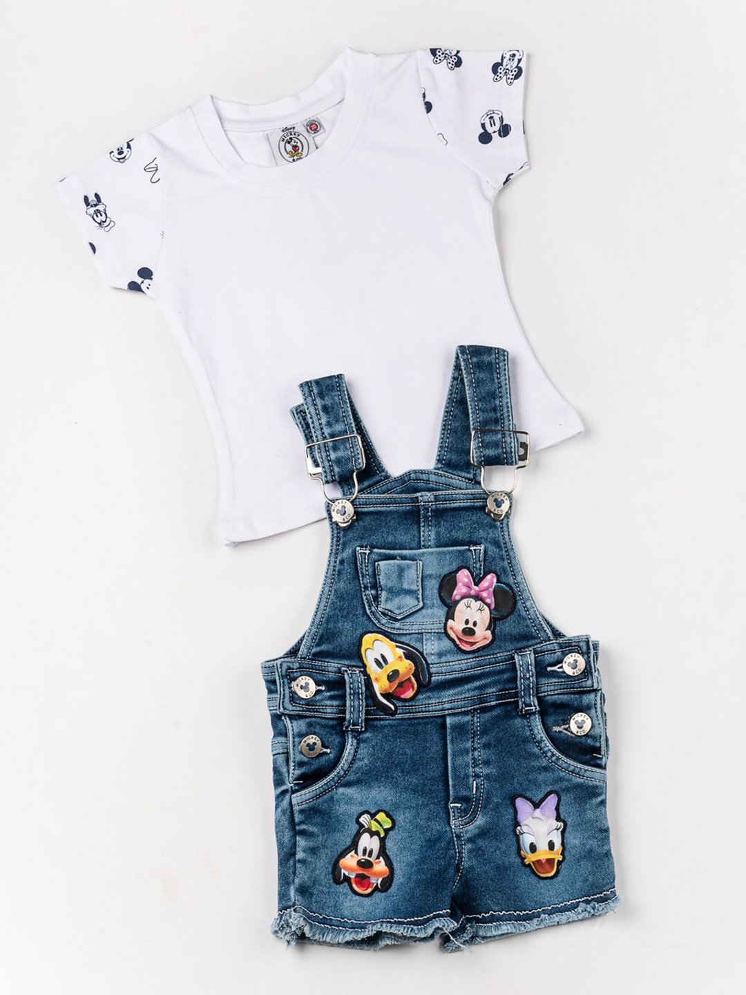 

BFF Girls White & Blue Mickey Mouse Printed Pure Cotton Top with Dungaree