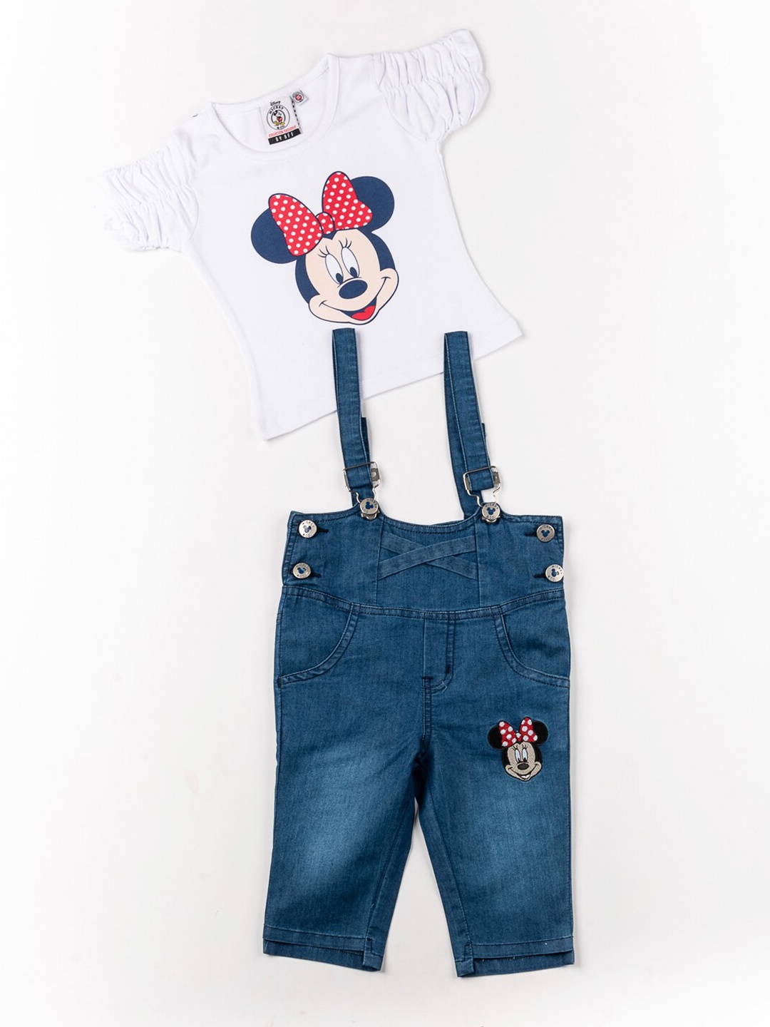 

BFF Girls White & Blue Mickey Mouse Printed Top with dungaree