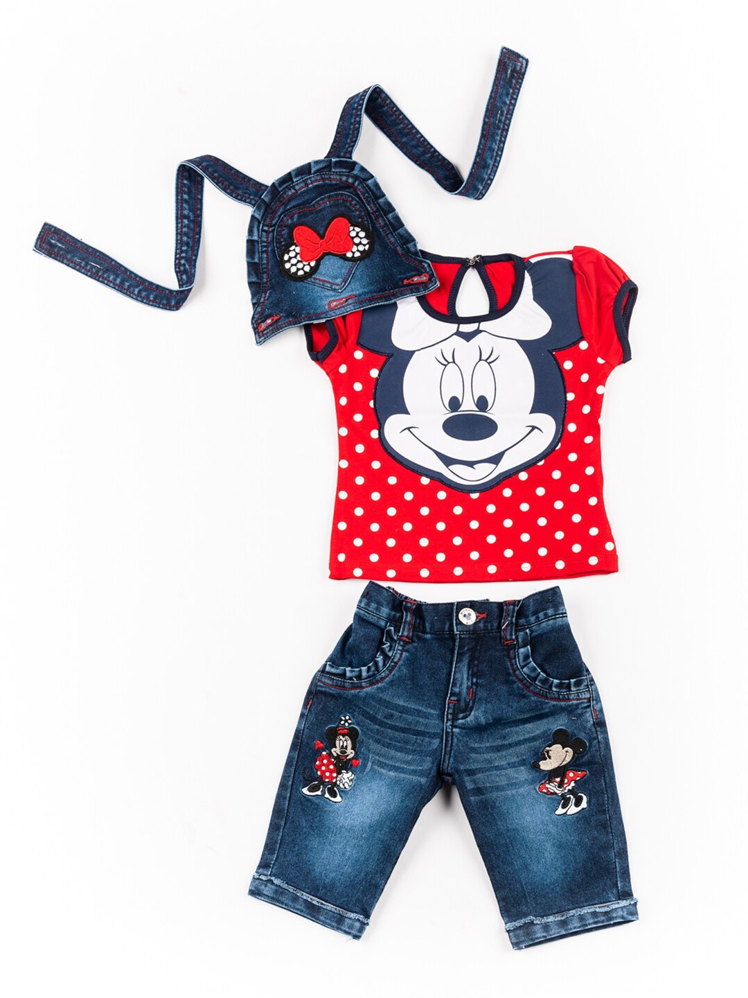 

BFF Girls Red & Blue Mickey Mouse Printed Top and Navy Blue Printed Capris with Suspenders