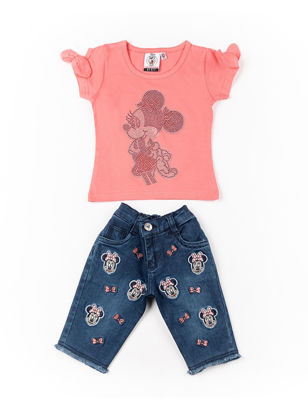 

BFF Girls Peach-Coloured & Blue Mickey Mouse Embellished Pure Cotton Top with Capris