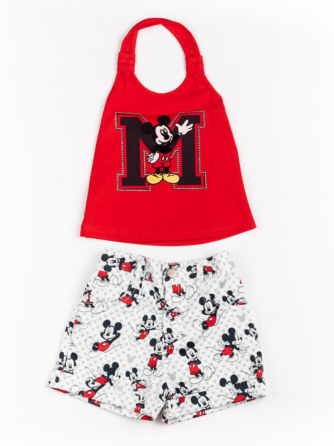 

BFF Girls Red & White Mickey Mouse Printed Pure Cotton Top and White Printed Shorts