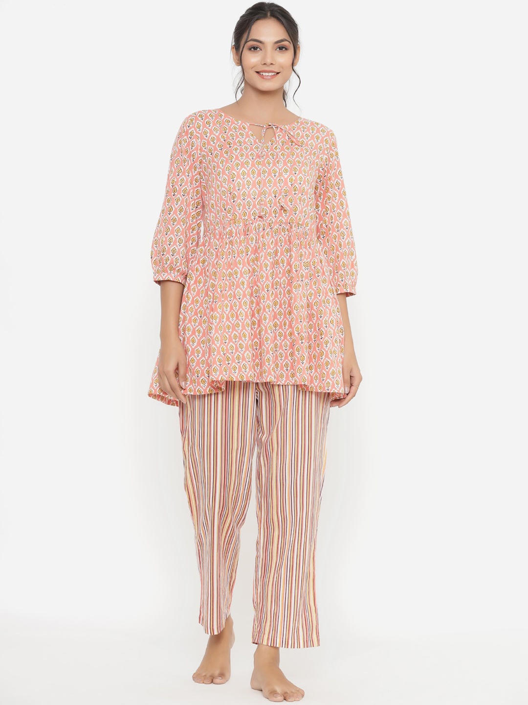 

JISORA Women Pink & White Printed Night suit