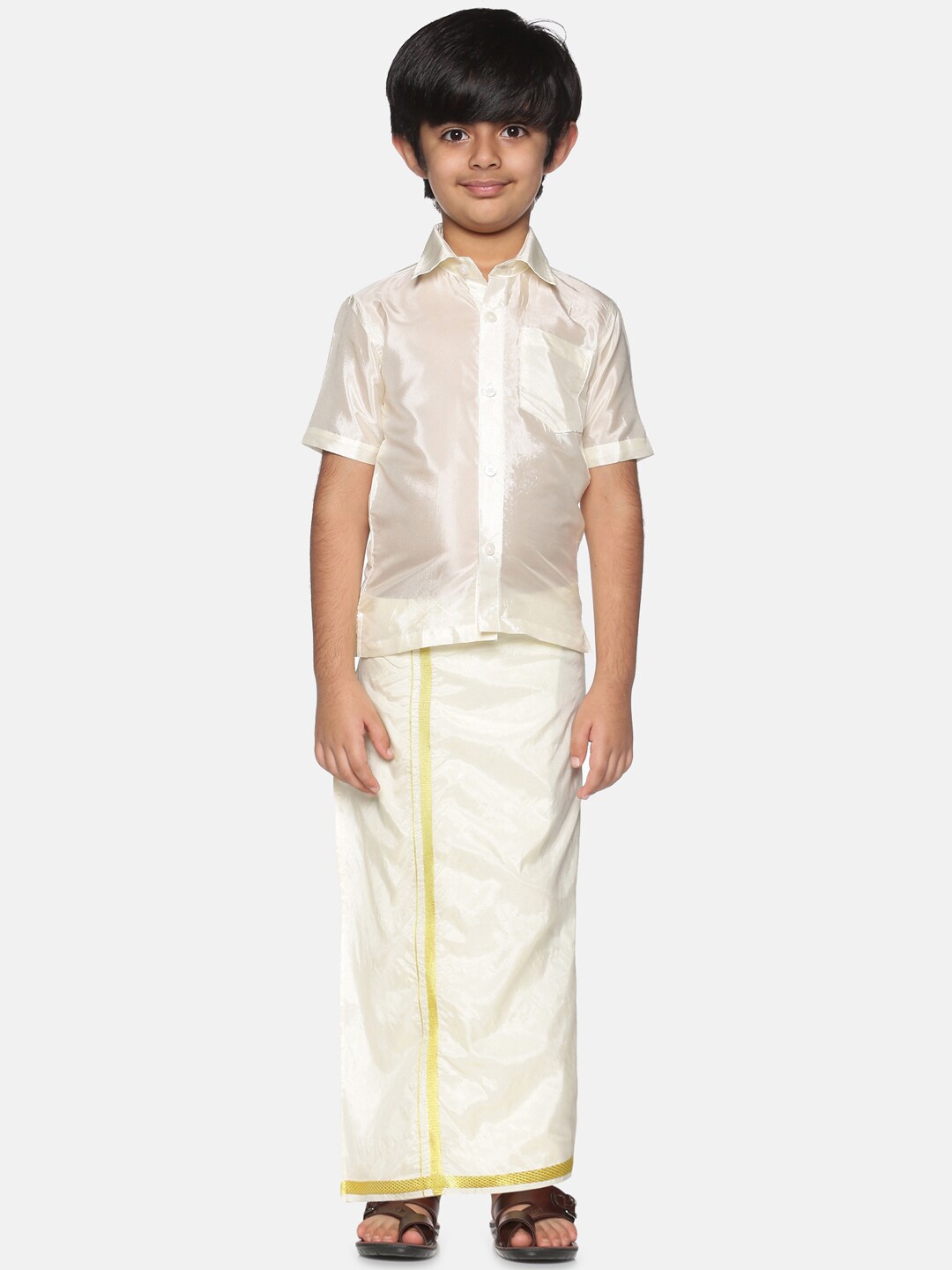 

Sethukrishna Boys Cream-Coloured & Gold-Toned Shirt with Dhoti
