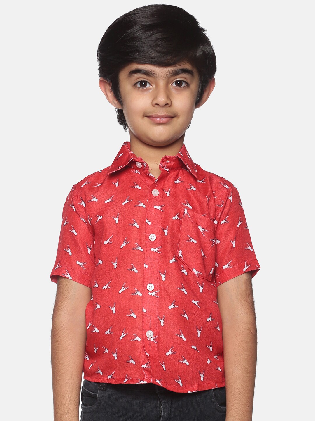 

Sethukrishna Boys Red & White Printed Party Shirt